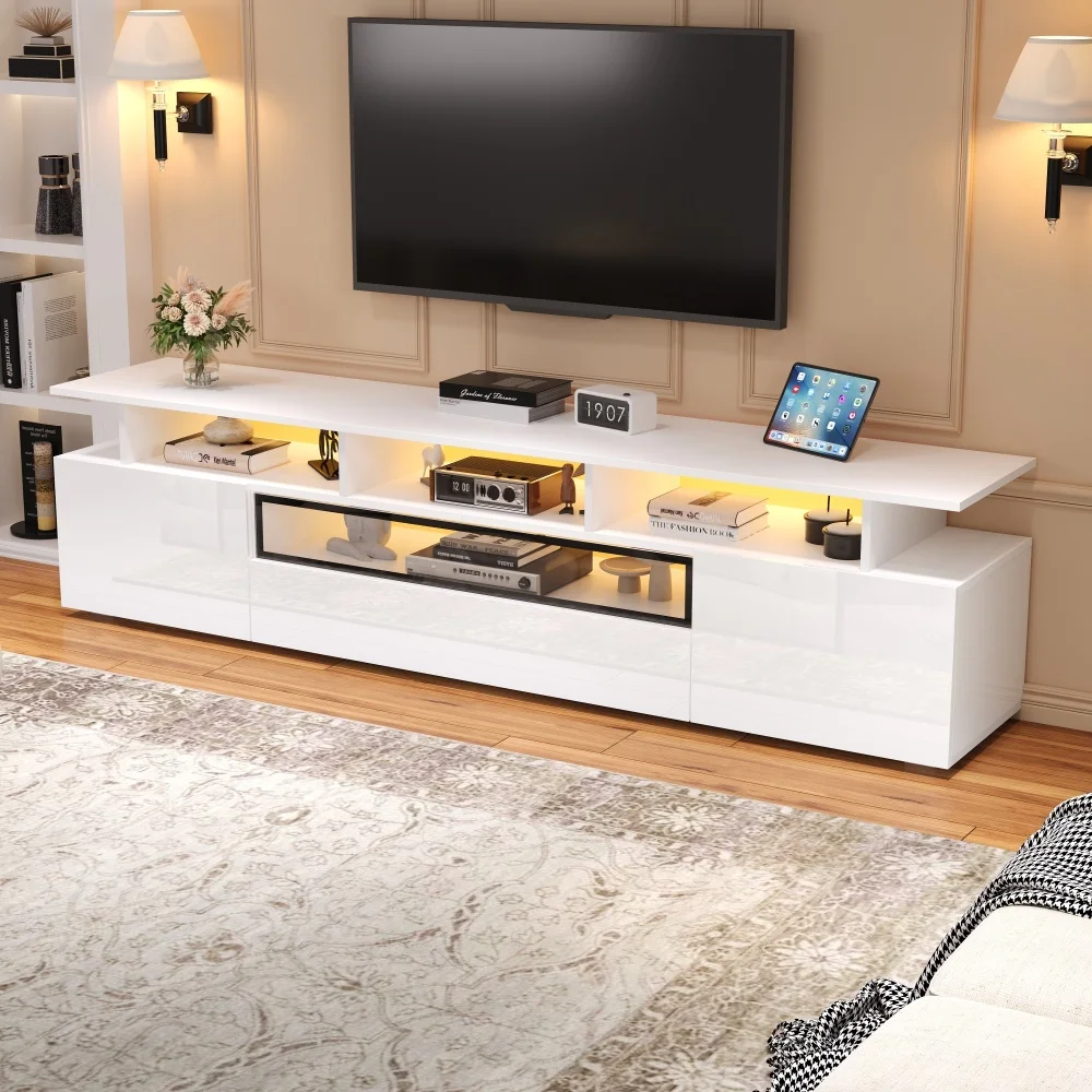 Meuble TV brillant 180*38*45cm, avec 2 armoires et 1 tiroir, panneau inférieur avec LED et 10 zones de rangement, pour TV autour de 75 pouces