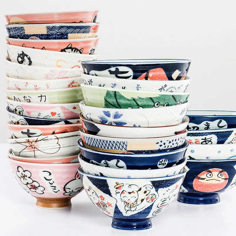 Japońska miska na ryż Lucky Cat, ceramiczne miski dla zwierząt, miska na zupę z królikiem z kreskówek, japońska miska na sałatkę 4,5/5/5,5 cala