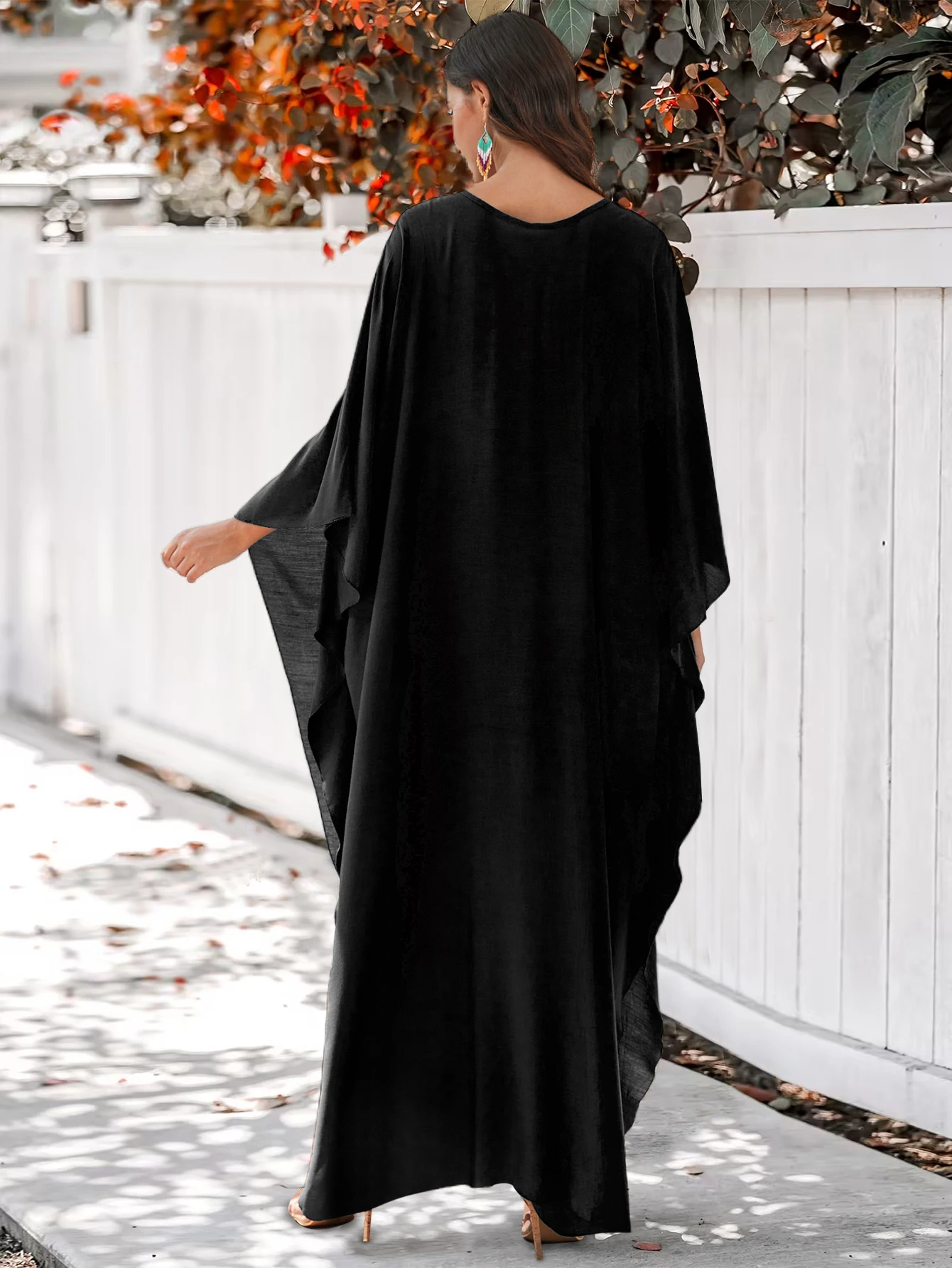 Black Causal Handmade-knit V Neck Plus Size Kaftan House Dress 2024 Women Summer Beach Wear Swim Suit Cover Up Loose Robe Q1590