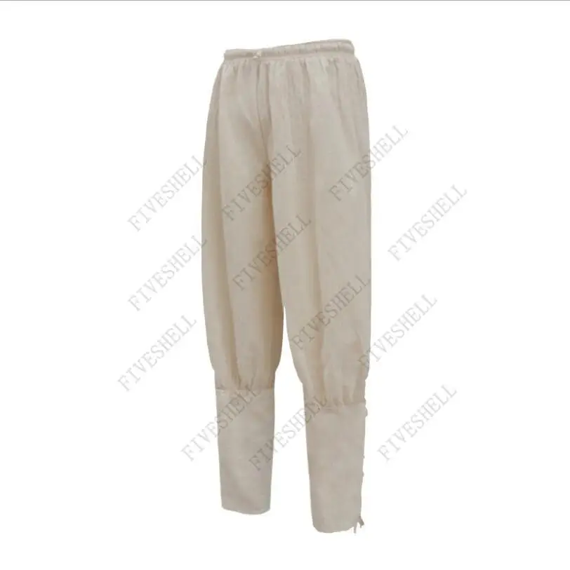 Viking pirata cavaleiro fantasia masculina, calça de linho vintage, lounge de atadura no tornozelo, calça camponesa solta, renascimento medieval, larp