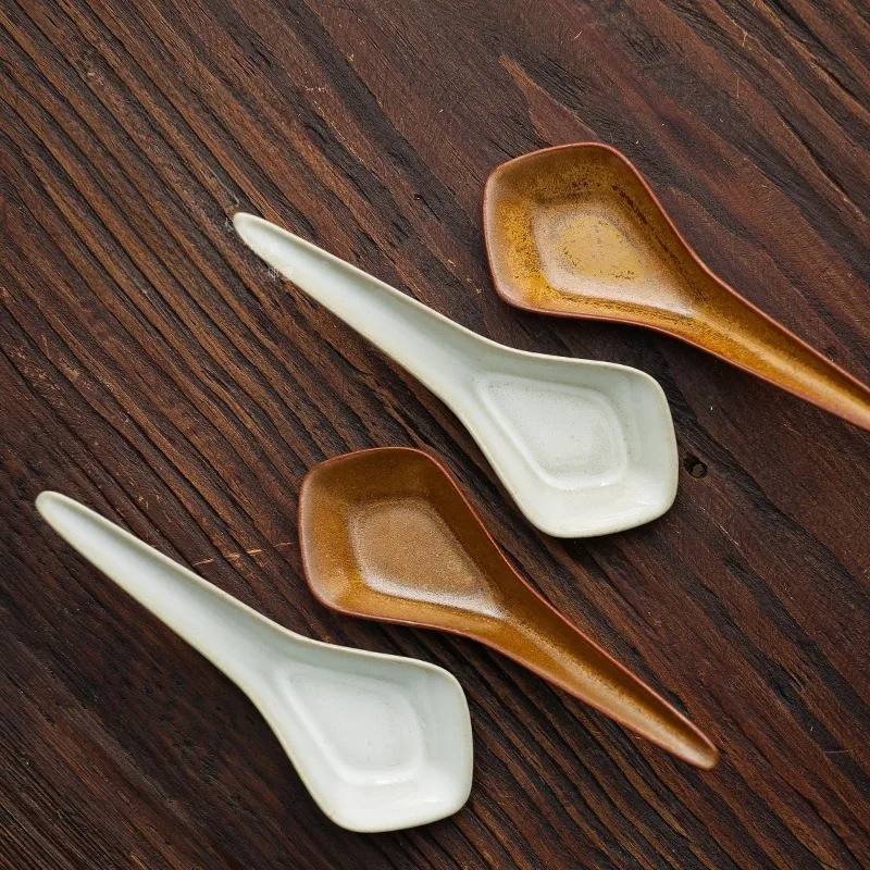 Japan Creative Stoneware Diamond Spoon Ceramic Polygonal Spoon Retro Small Soup Scoop Coffee Dessert Scoop Household Tableware