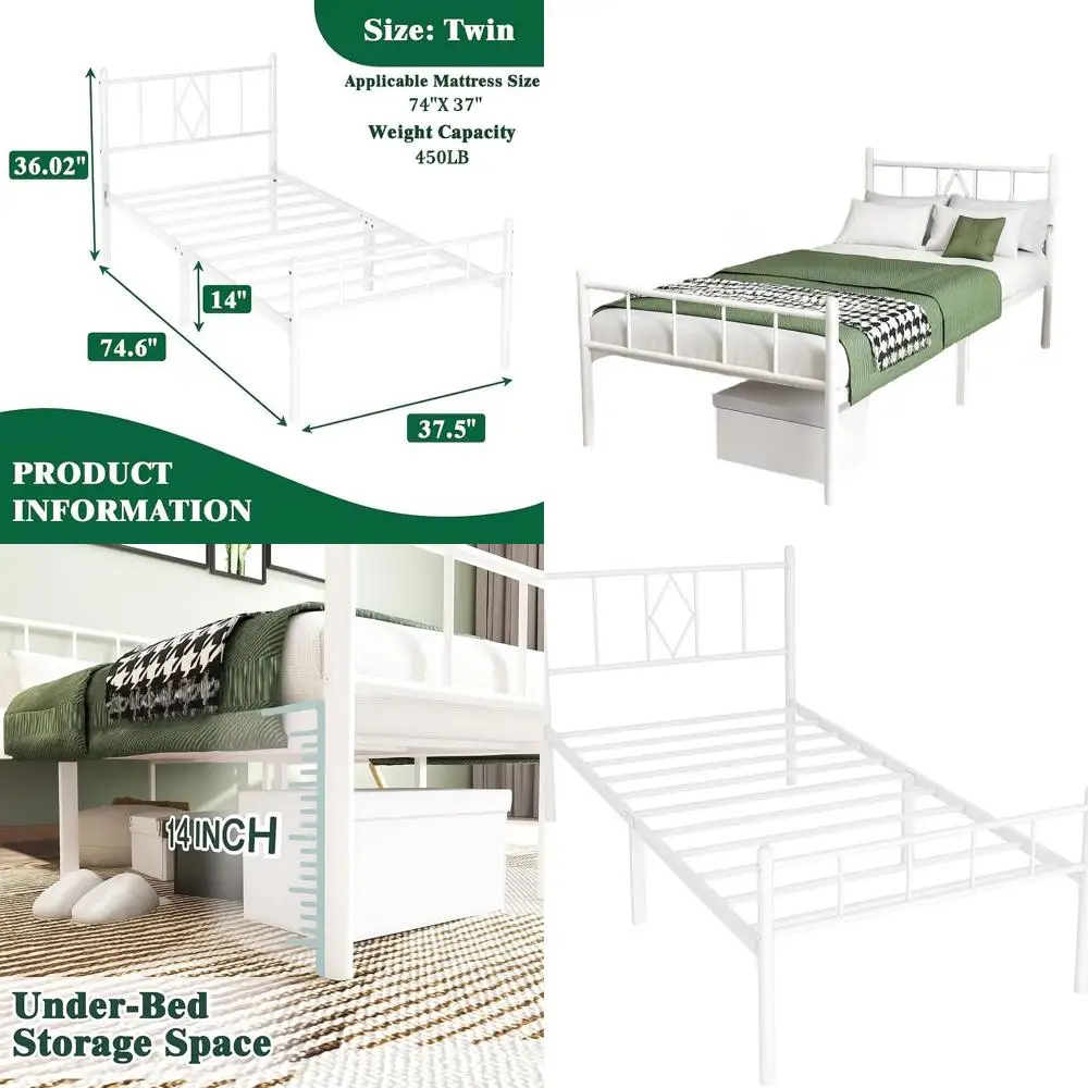 

White 14 Twin Bed Frame with Headboard, Footboard, Storage, Metal Slats, No Box Spring, Easy Assembly