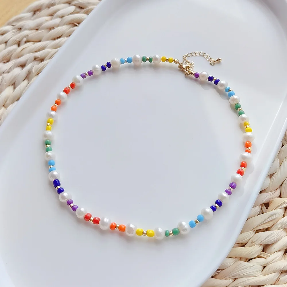 

Beaded necklace Creativity Pearl Gradient color Hand weaving Adjustable Bohemia Female Trend Simplicity Rice bead necklace