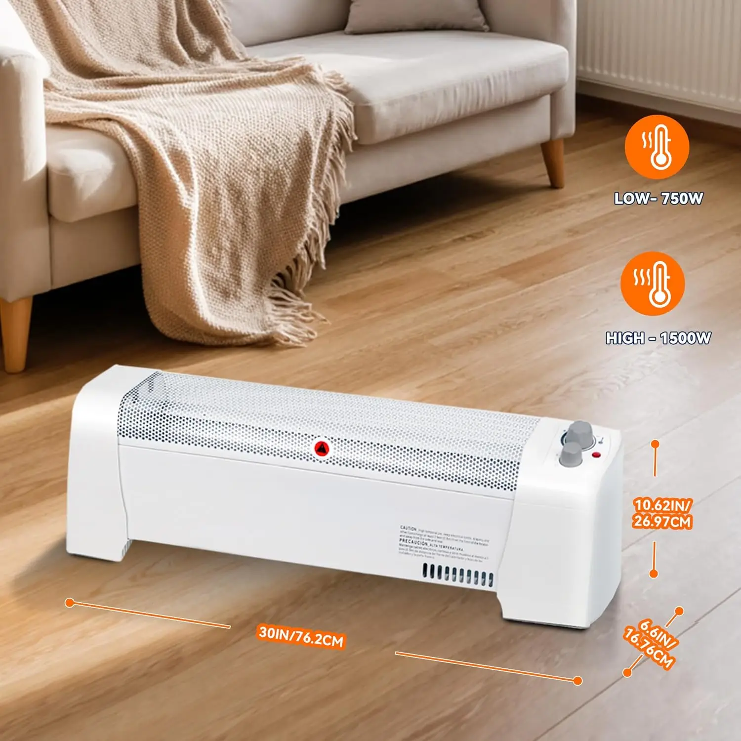 Electric Baseboard Heater 1500W with Thermostat & Overheat Protection, Silent Indoor Heating, White