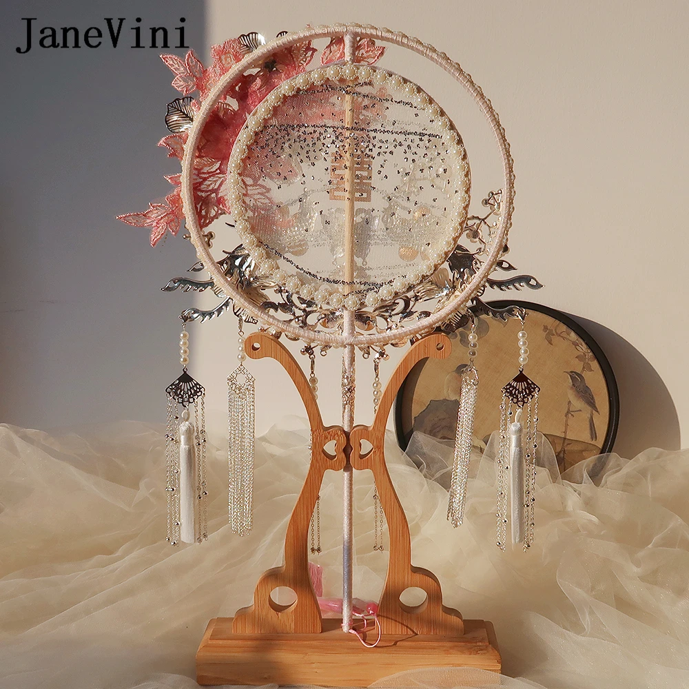 JaneVini Luxury Silver Jewelry Bridal Hand Fan Pearl Pink Lace Applique Chinese Bride Hanfu Fan Type Wedding Bouquet Accessories