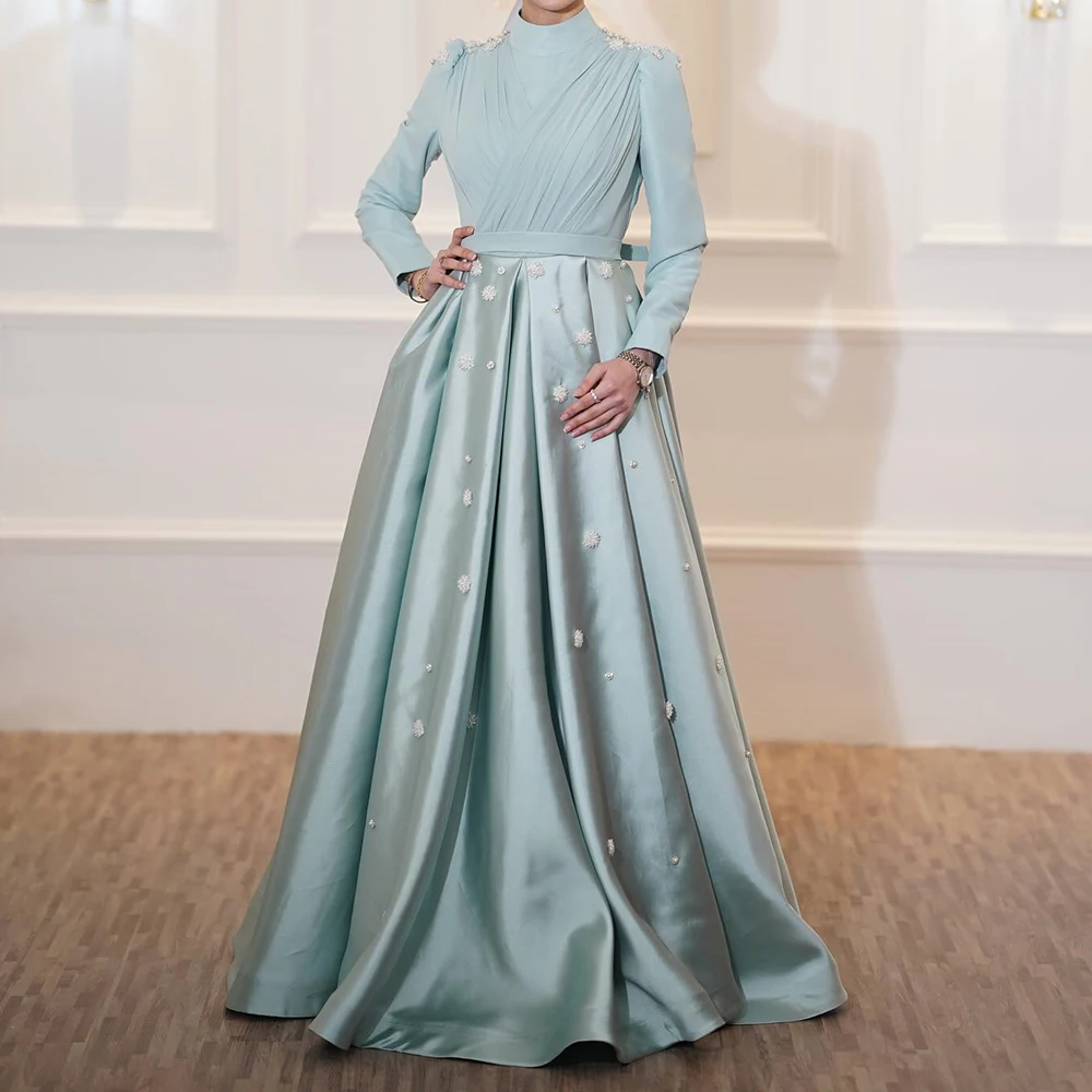 

Customized A-line Evening Dresses Floor-length High-neck Full Sleeve Prom Gown Simple Fashion Beading Draped Pleat Party Gown