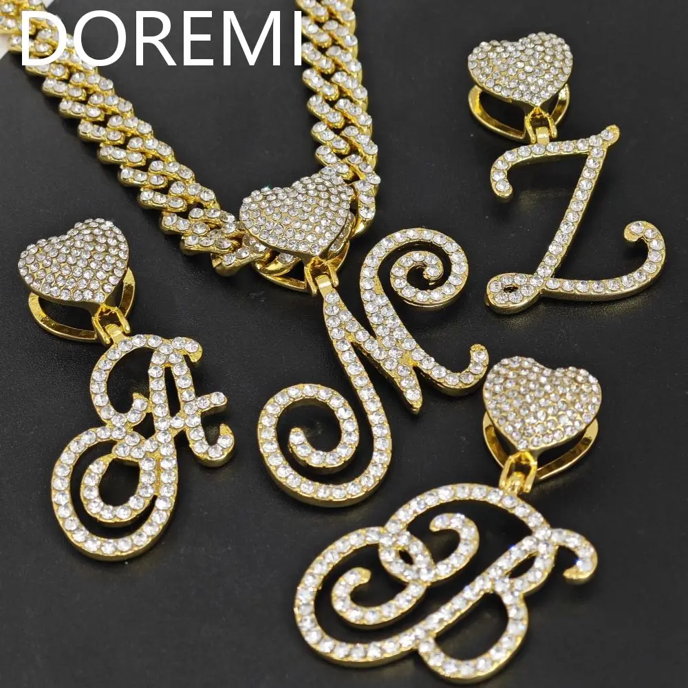 

DOREMI Big Crystal Pendant Custom Letters Personlized Gift Jewelry Heart Charms Full Zircon Hip Hop Letter Necklace