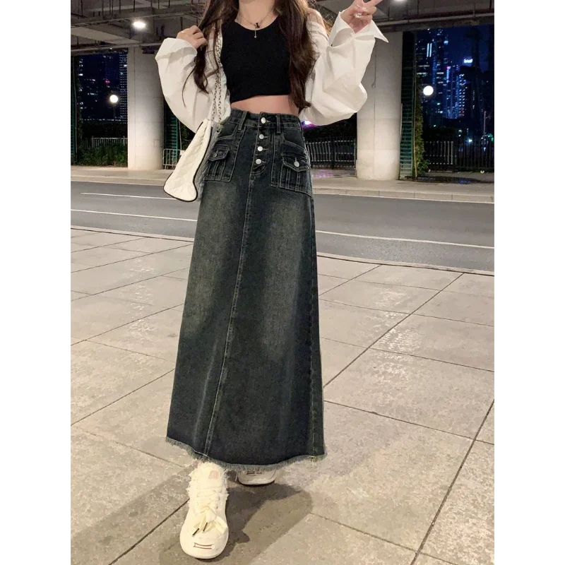 Women's High Waist Frayed Denim Midi Skirt New Style for Autumn and Winter Retro Design Sense Vintage Washed Long Skirt
