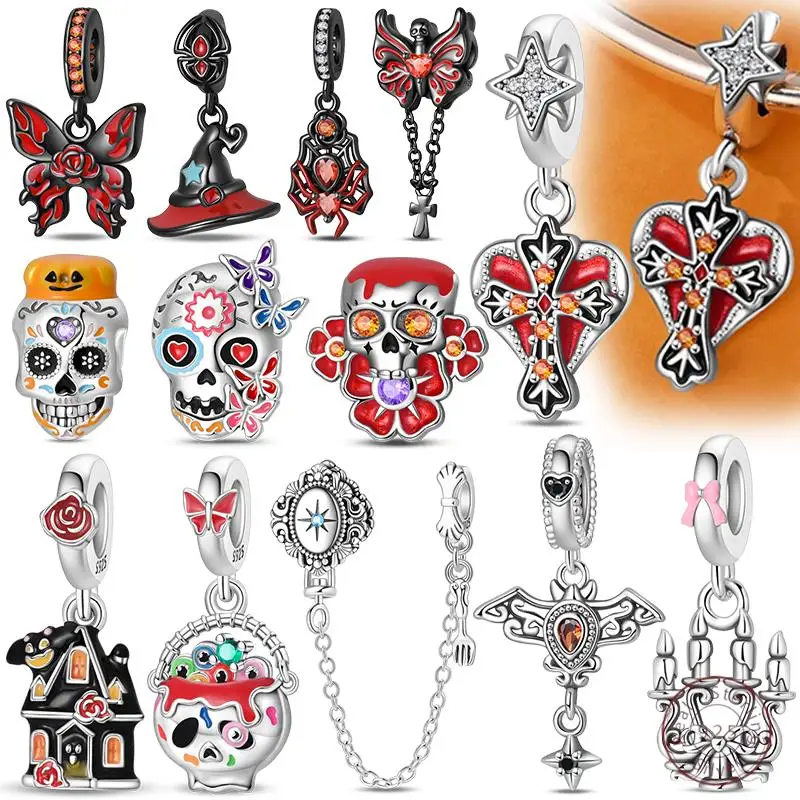 Halloween Charm Bead Pendant 925 Sterling Silver Pumpkin Witch Doll Skeleton Mummy Candy Fit Original Bracelet DIY Jewelry