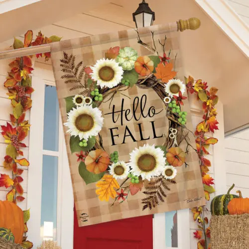 BRIARWOOD HELLO FALL WREATH PUMPKIN SUNFLOWER THANKSGIVING LARGE HOUSE YARD FLAG