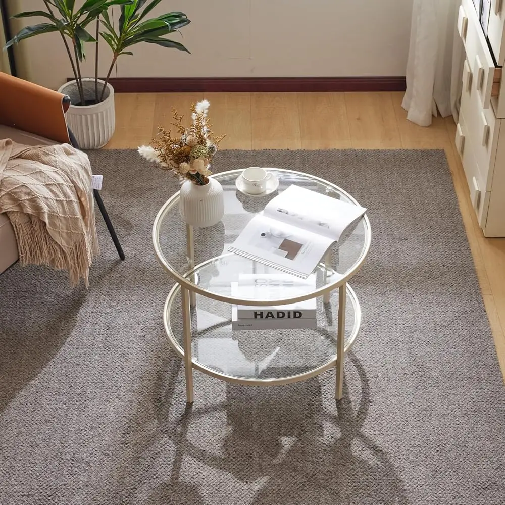 Glass Coffee Table, 25.6"" Round Coffee Table, Transparent Glass Coffee Tables For Living Room, 2-Tier Coffee Table With