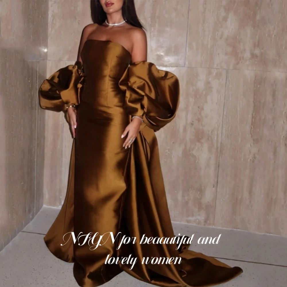

NFYN Brown Elegant Formal Gown Strapless Backless Prom Dresses with Zipper Satin Mermaid Evening Dresses for Woman Customized