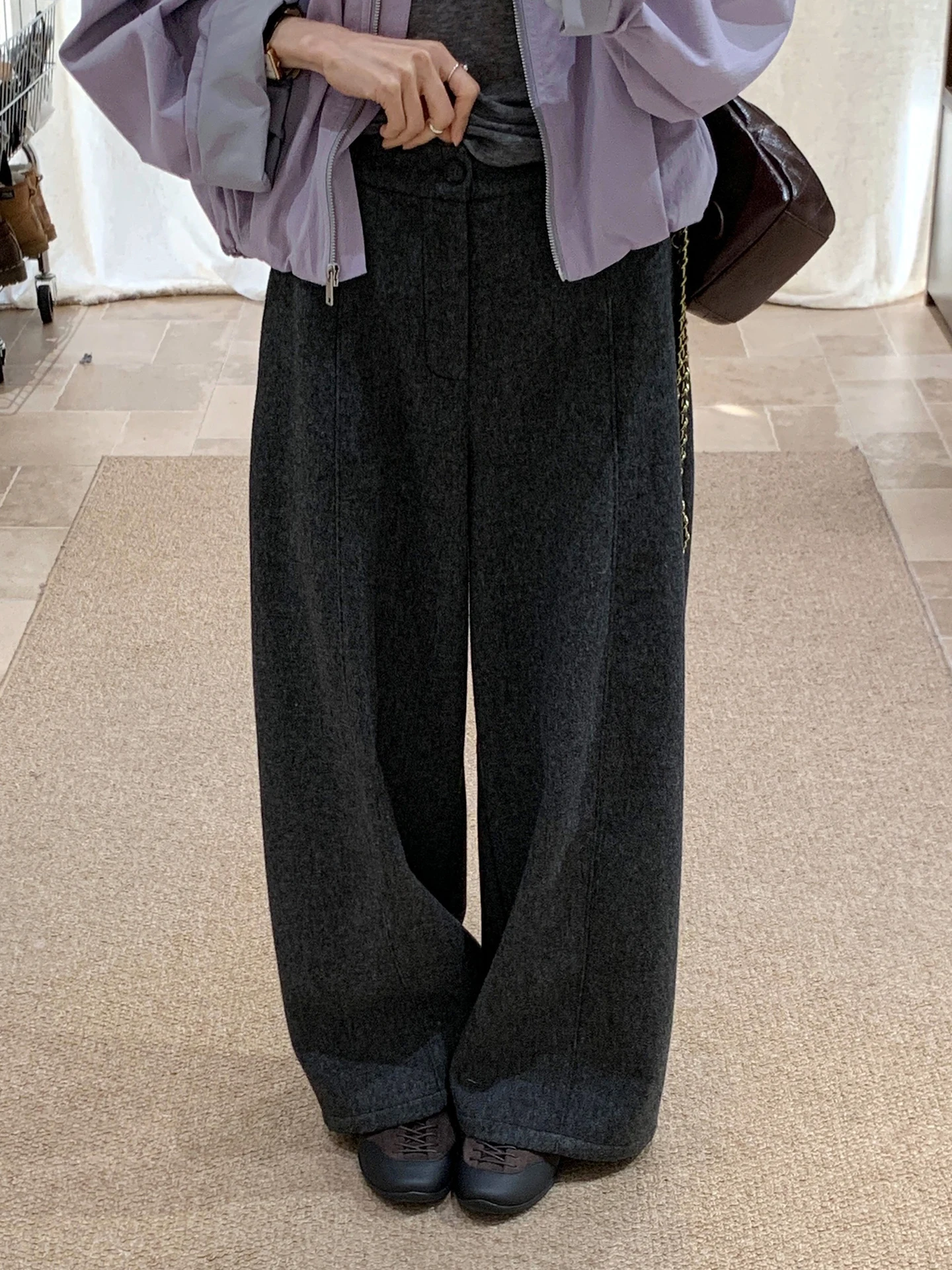 

High Waist Wide Leg Casual Pants Women's Loose Fitting Woolen Trousers Korean Sle Deep ey New Autumn Sle Body Concealing