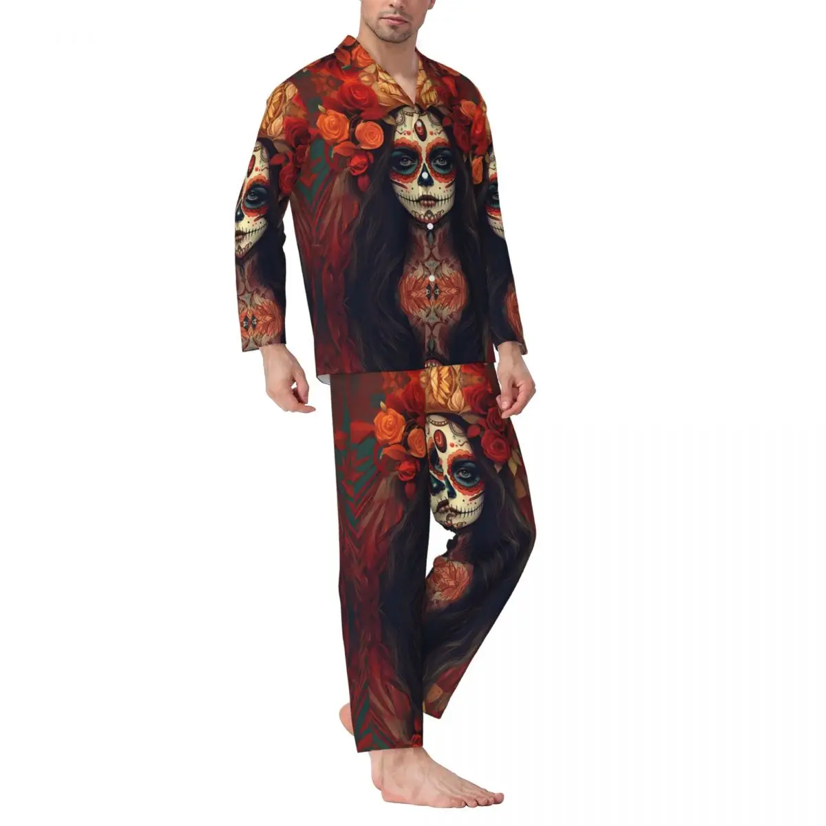 Flores cráneo mexicano Calavera pantalones de manga larga pijamas para hombres Otoño e Invierno ropa de casa conjuntos de ropa de dormir