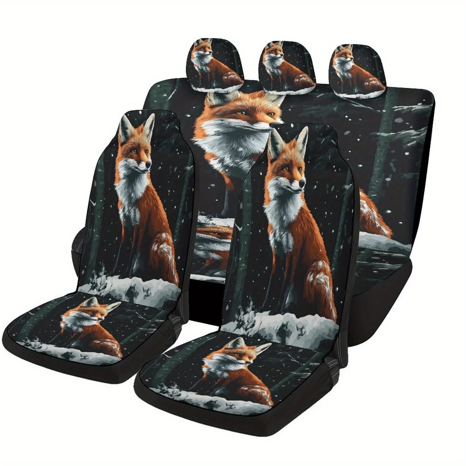 Set Of Car Seat Covers Featuring A Winter Fox Design, Suitable For A Variety Of Vehicles. Stylish And Unique, This Complete Set