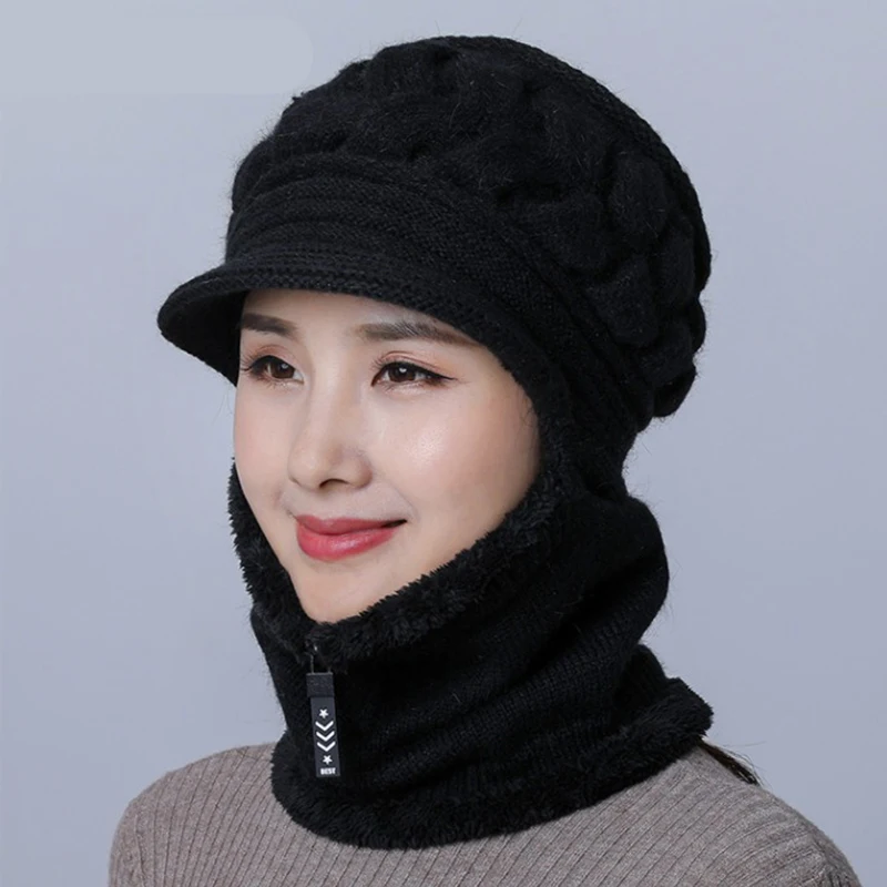 Frauen Gestrickte Schal Maske Hut Set Winter Warme Beanie Hut Elastische Weiche Gestrickte Gehörschutz Winddicht Schnee Ski Cap Einteilige hut – Detail 10
