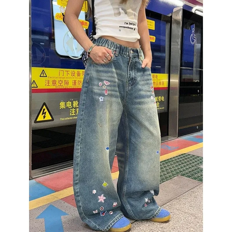 Damskie jeansy z graffiti w stylu kreskówkowym Harajuku, japońskie, styl Y2k z lat 2000, luźne spodnie jeansowe, vintage, oversize, letnie spodnie jeansowe, odzież