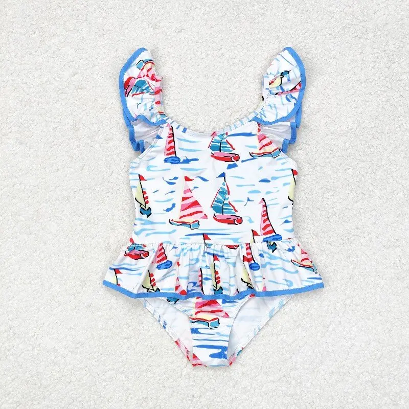 3.1 yan  New rts infant summer girls beach set wholesale boutique sailboat blue bow white one piece swimsuit