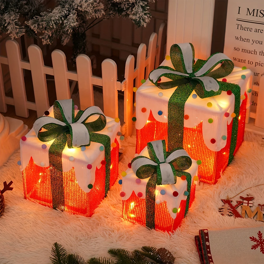 3 Pack Christmas Lighted Gift Boxes with Bow, Luxury  Christmas Glowing Present Boxes for Christmas Decorations Indoors Outdoors