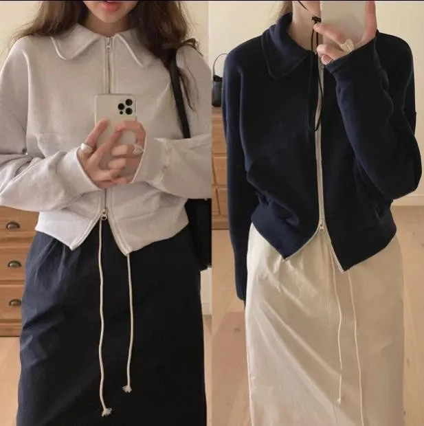 Unique SEI Women's Zipper Long Sve ort Hoodie Jaet Korean Sle Commute Faion Pure Color  Collar Loose Cardigan