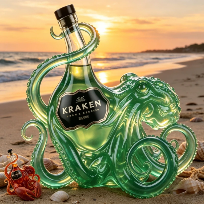 Botella de Licor con Forma de Pulpo Kraken Black Spiced Rum, Decantador de Whisky Premium para Exhibición en Bares y Coleccionistas