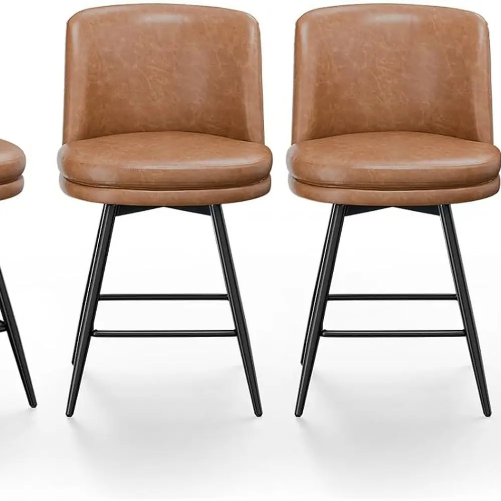 

Set of 4 Brown PU Leather Swivel Bar Stools, Counter Height with Cushioned Round Seats and Metal Legs