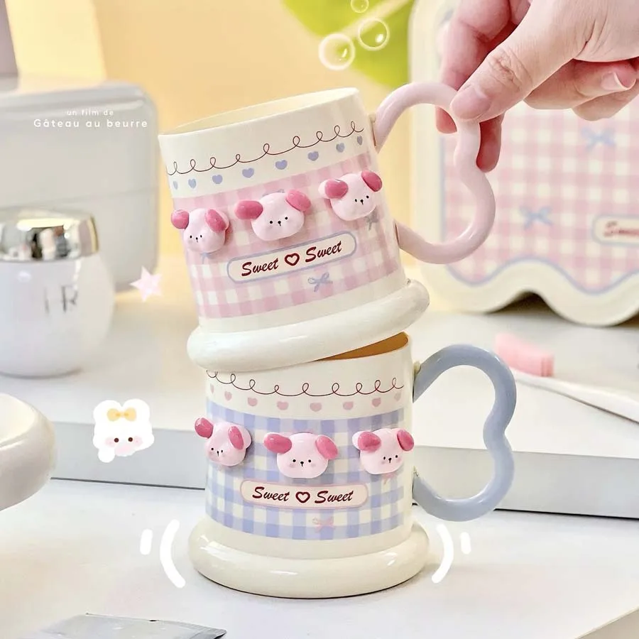 Sweet Plaid Cartoon Pig Tooth Washing Cup Heart Shaped Handle Stable Base Toothbrush Storage Mug For Vanity Counter Bathroom
