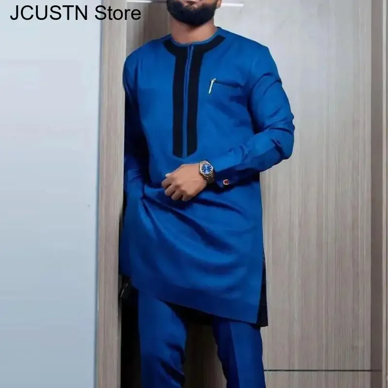 Moda Casual Blu Navy 2 pezzi Camicia e pantaloni Outfit Big Size 3XL 4XL Elegante streetwear Abiti eleganti tradizionali da uomo africano