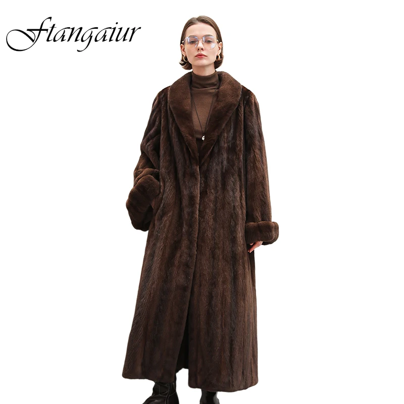 Ftangaiur New Winter Import Velvet Mink Fur Coat Half Turn-Down Collar Mink Coat Women X-Long Natural Color Real Mink Fur Coats