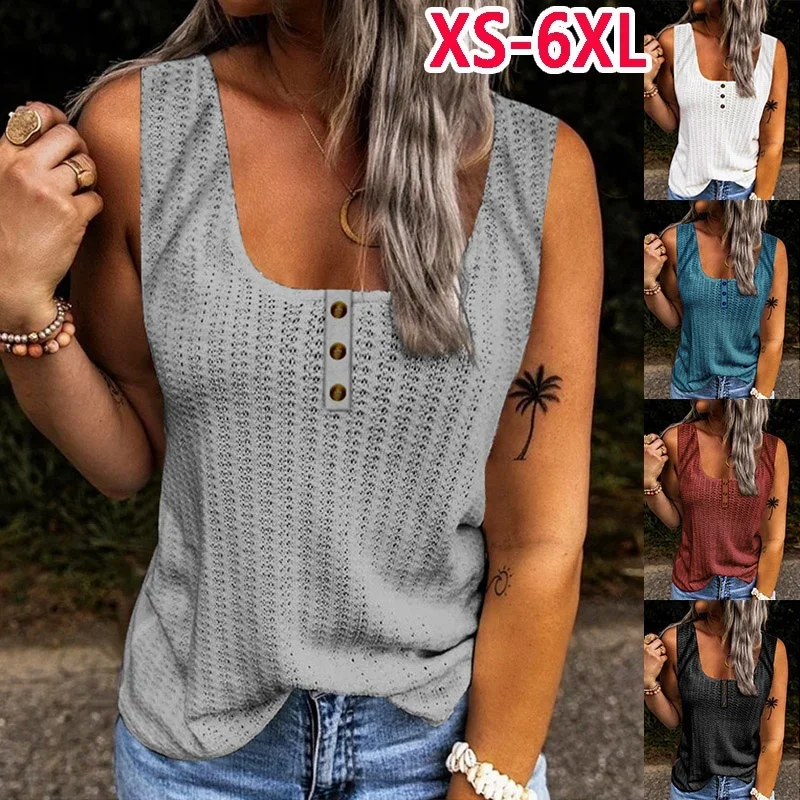 New Summer Women's Fashion Casual Sleeveless T-shirt Solid Clothes Knitted Pullover Ladies Square Neck Shirt Button Loose Top