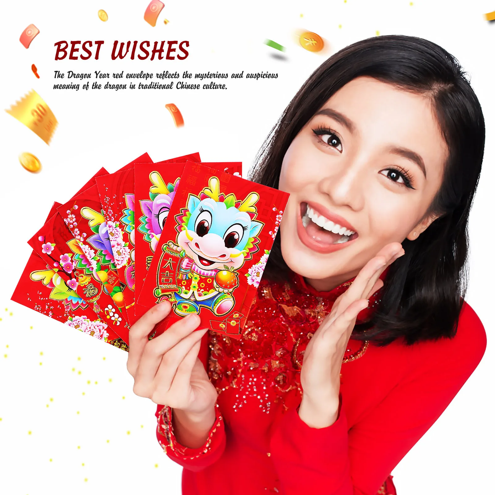 

60Pcs Chinese New Year Envelopes Dragon Red Pockets Exquisite Cartoon Design Selfsealing Hongbao Red Envelopes