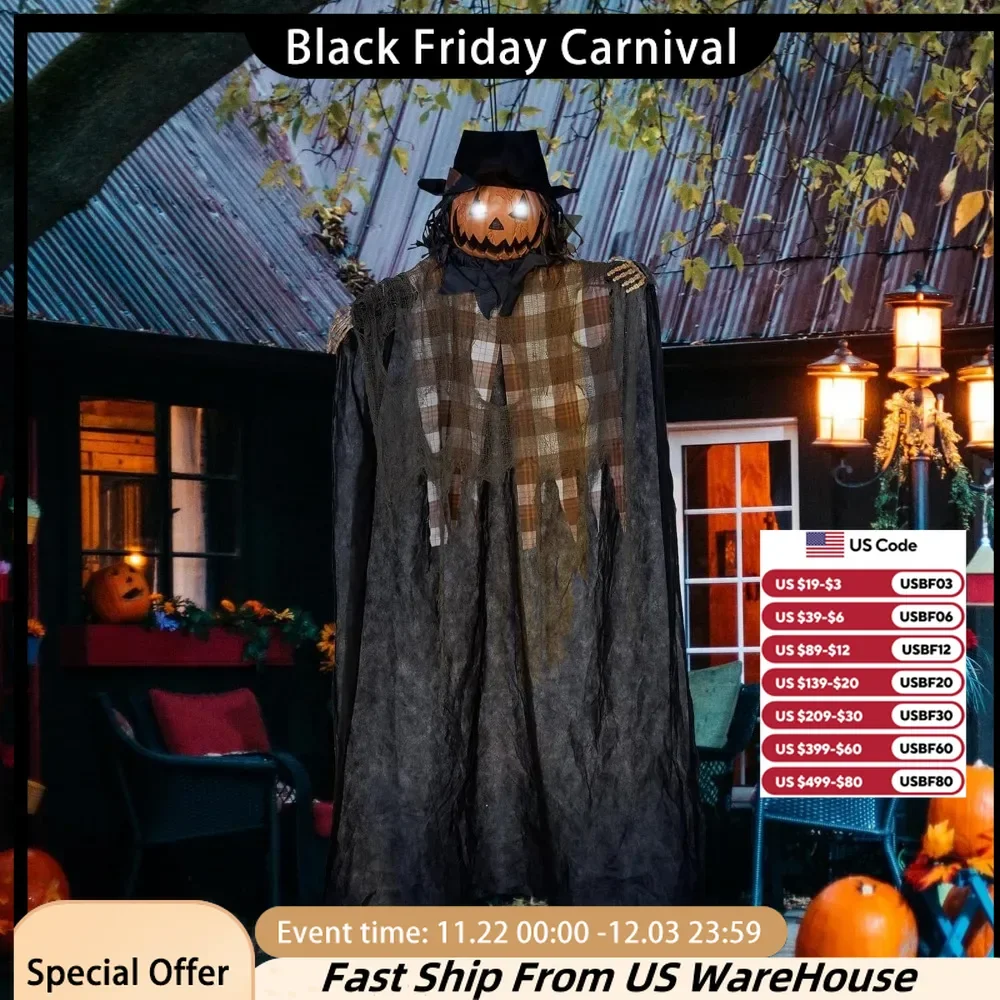 6'FT Halloween Hanging Pumpkin Ghost Decoration, Light-up Eyes and Creepy Talking, Sound Activated Prop,Halloween Decoration