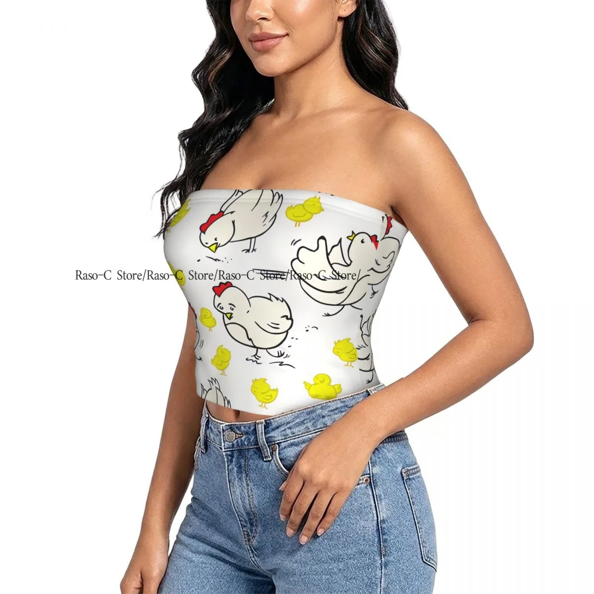 Women Shirt Summer Strapless Backless Tops Cartoon Chicken Pattern Sleeveless Vest