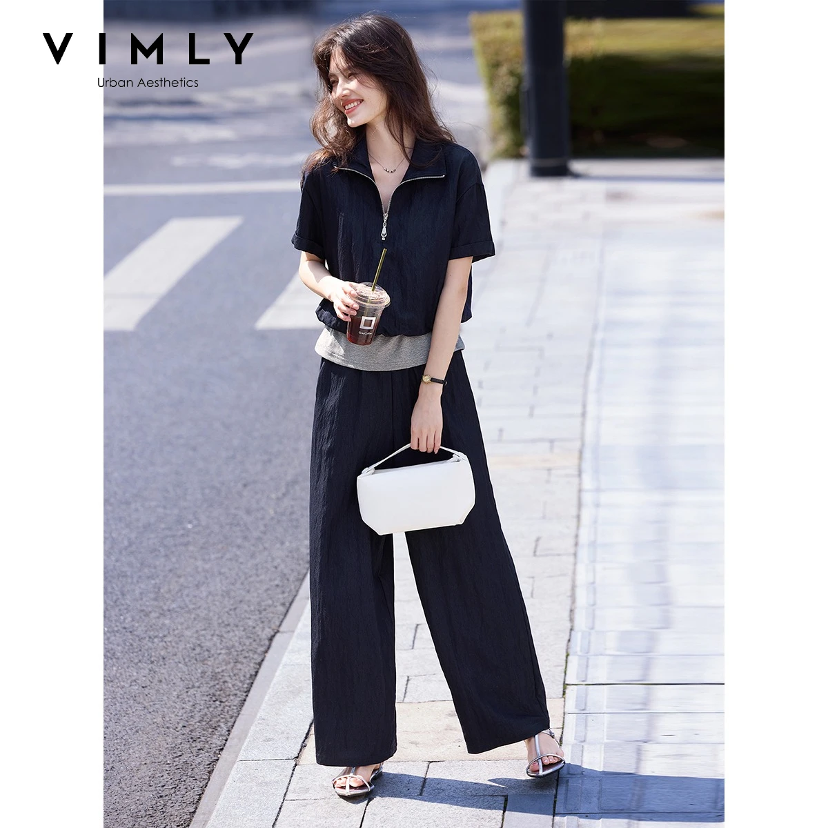 

VIMLY Women Summer Casual Fake Two Piece Set 2026 New Fashion Color Block Top Wide Leg Pants Suit Outfit Woman Clothing A6015