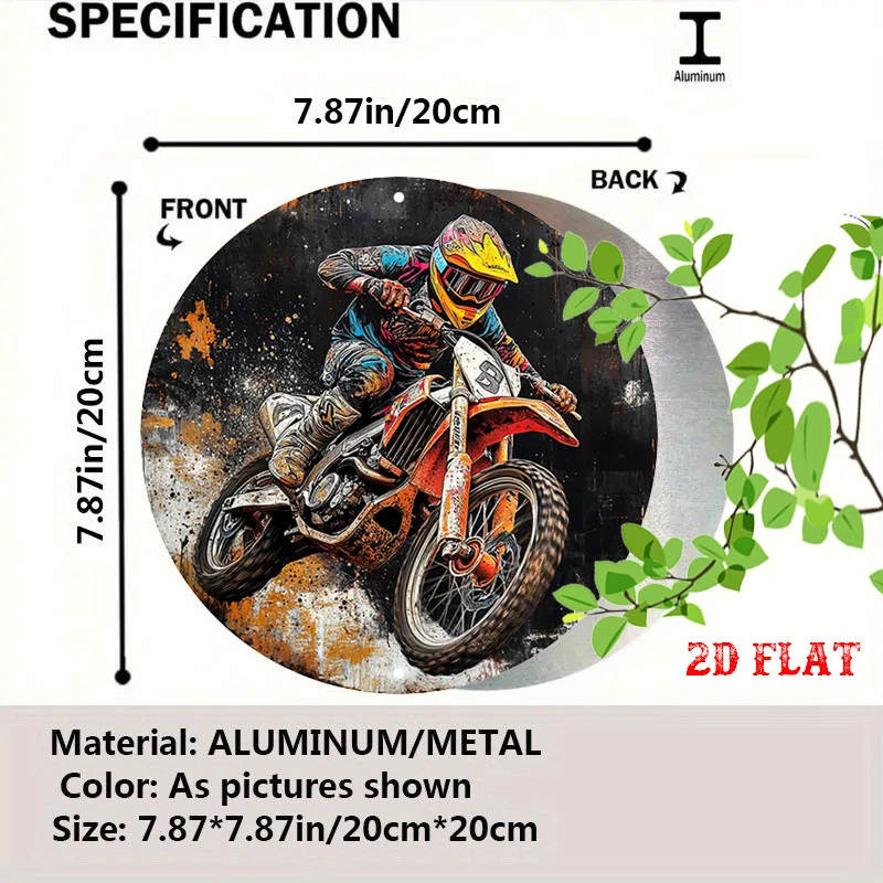 2D Flat - Round Aluminum Sign Featuring a 2D Flat Design of a Dirt Bike, Showcasing a Rider in Action. This Decorative Plaque Is