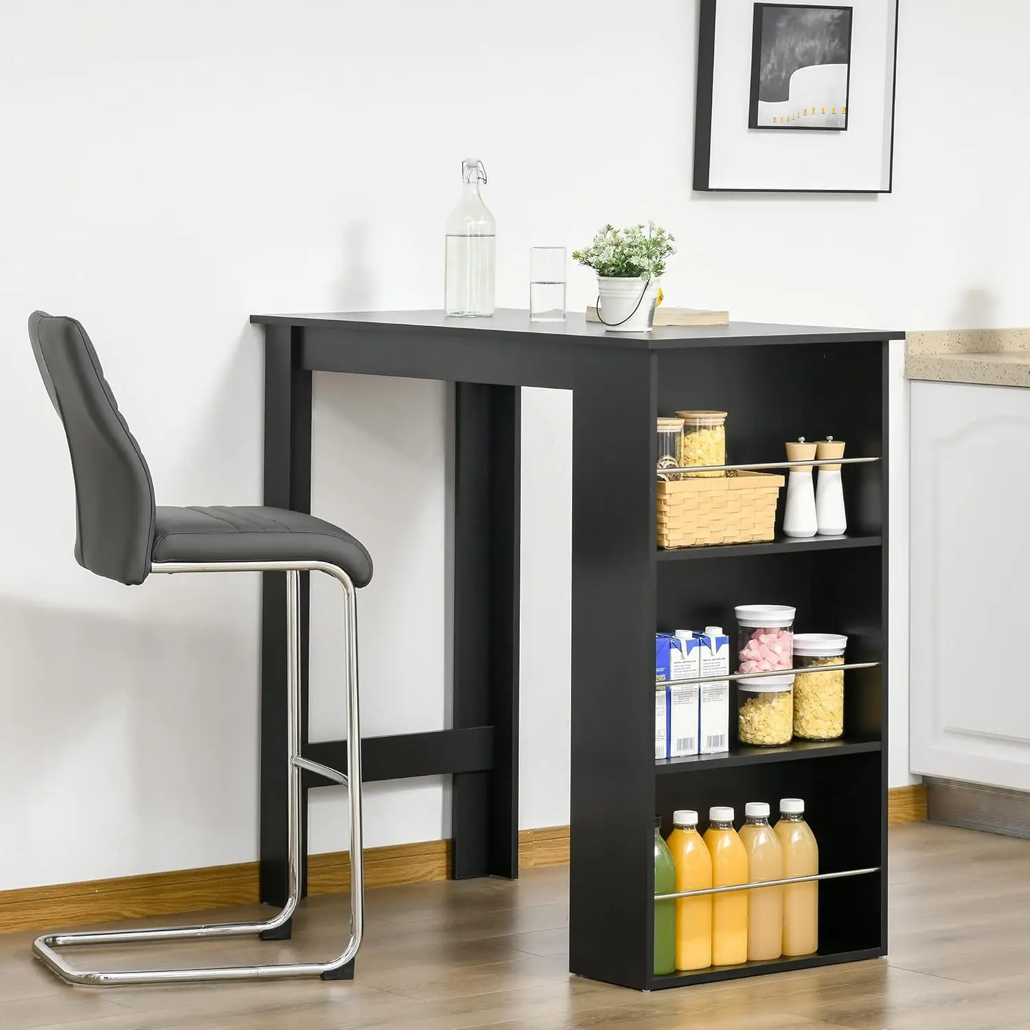 Mesa de Bar de altura, mesa de comedor con 3 estantes de almacenamiento para cocina, comedor, sala de estar, negro