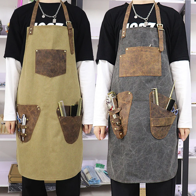 Canvas Apron Work Shop Aprons with Geniune Leather Tool Pockets Straps Working Uniform for Barber Barista Bar Artisan Gardener