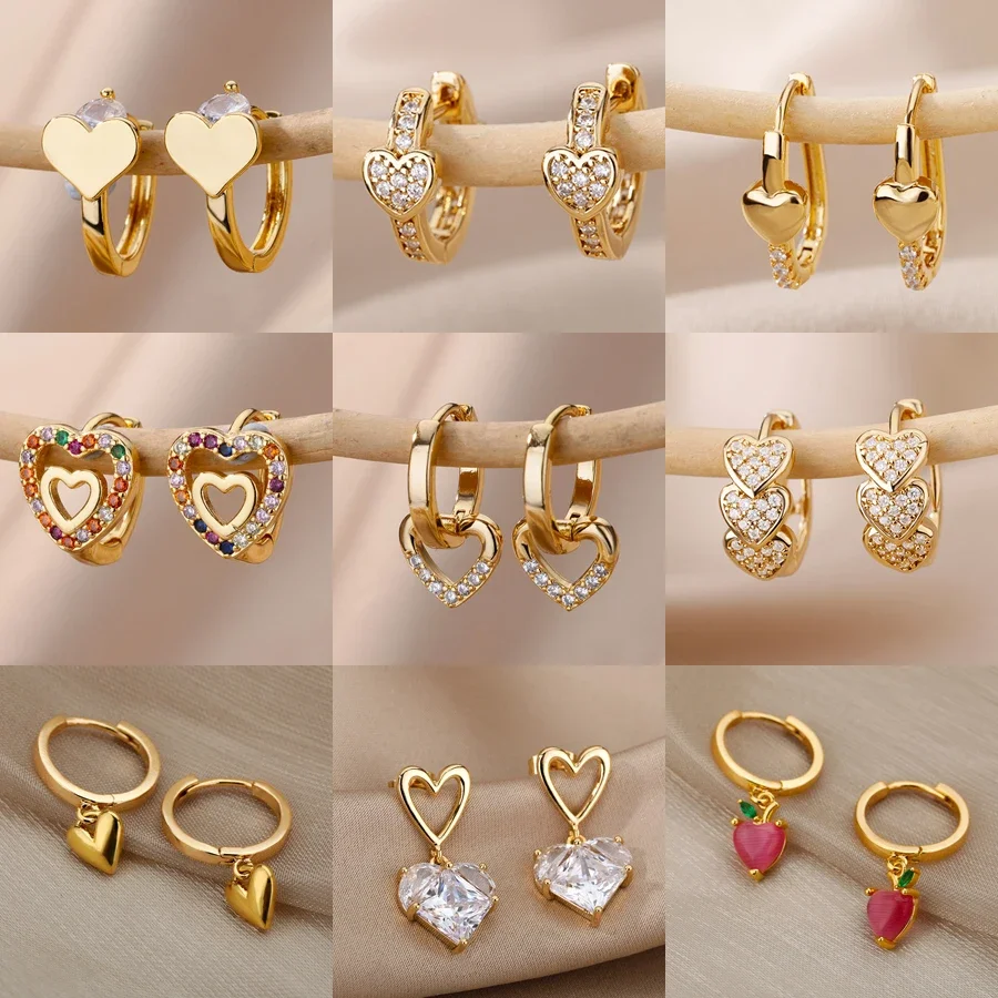 Vintage Zircon Heart Earrings For Women Stainless Steel Gold Plated Piercing Earring 2024 Trend New Luxury Jewelry aretes mujer