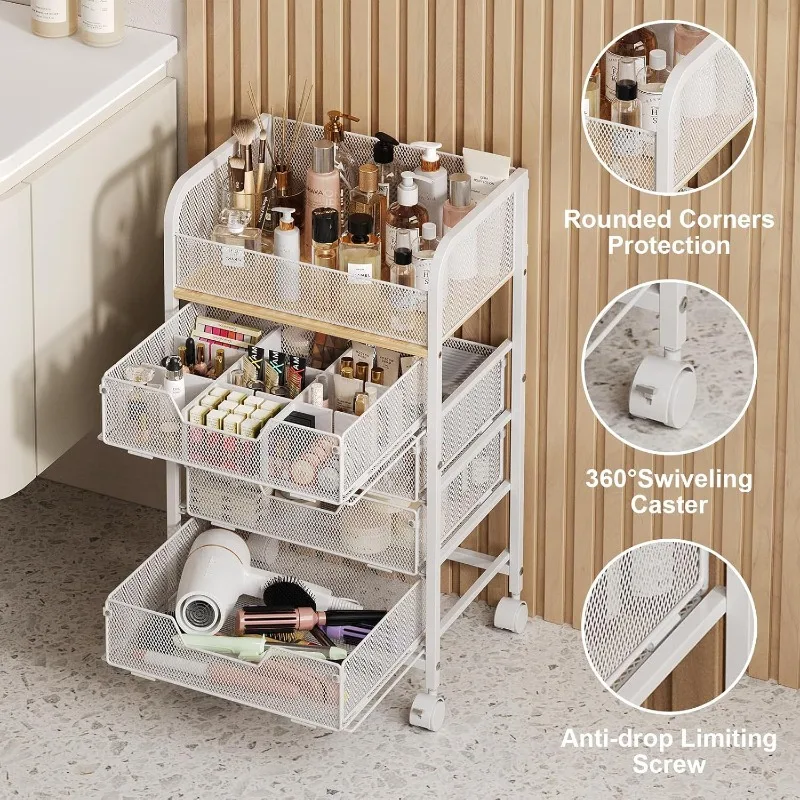 Five-tier wheeled cosmetic cart with drawers, lockable wheels, rolling mobile dressing room