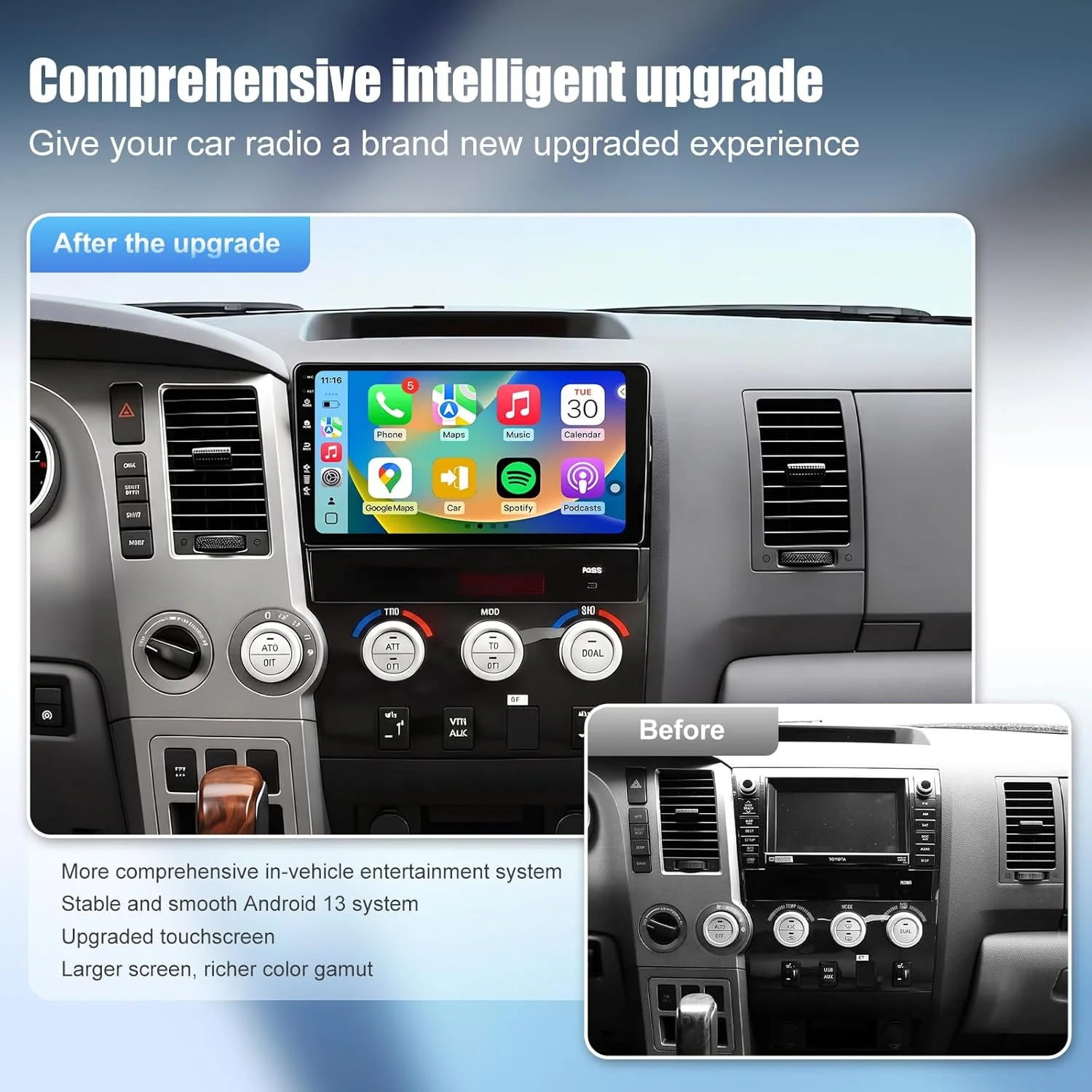 4+64G Car Radio Stereo for Toyota Tundra 2007 2008 2009 2010 2011 2012 2013 Android 13 10inch QLED IPS Touch Screen Wireless Carplay Android Auto Bluetooth GPS Navigation WiFi 5G HD Rearview Camera SWC FM