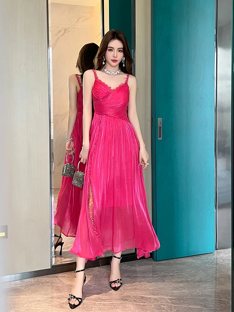 Summer New Women's French Sexy V Neck Waist-Covering Elegant Dress Holiday Long Skirt