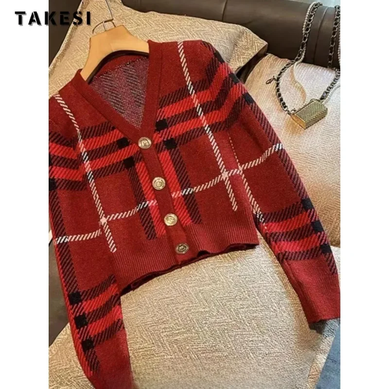 2024 Autumn Vintage Fashion Casual Single Breasted Sweater Women Knitting Long Sleeve Jumpers V-neck Loose Plaid Cardigans