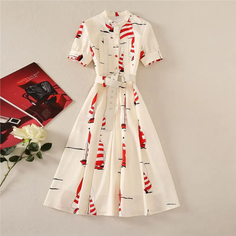 

New Women Short Sleeve Dress Print A-Line Turn-Down Collar Dress