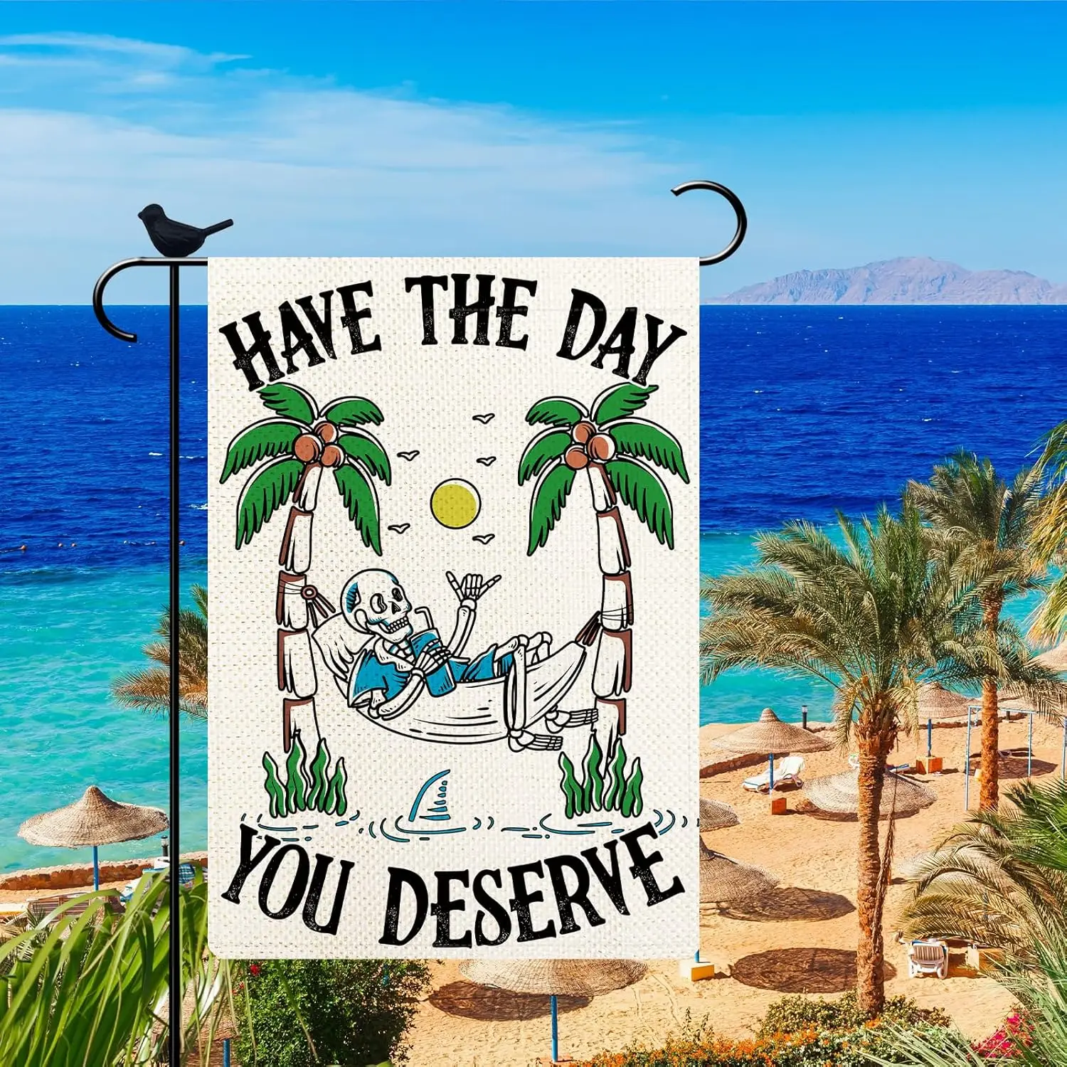 Have The Day You Deserve Skeleton Garden Flag Hawaii Happy Skull Flag Double Sided Holiday Farmhouse Yard Lawn Outdoor Decor 12x