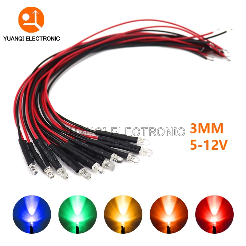 10 SZTUK 3mm LED 5-12V 20cm Wstępnie okablowana Biały Czerwony Zielony Niebieski Żółty UV RGB Dioda Dekoracyjna Lampa Diody elektroluminescencyjne Wstępnie lutowane