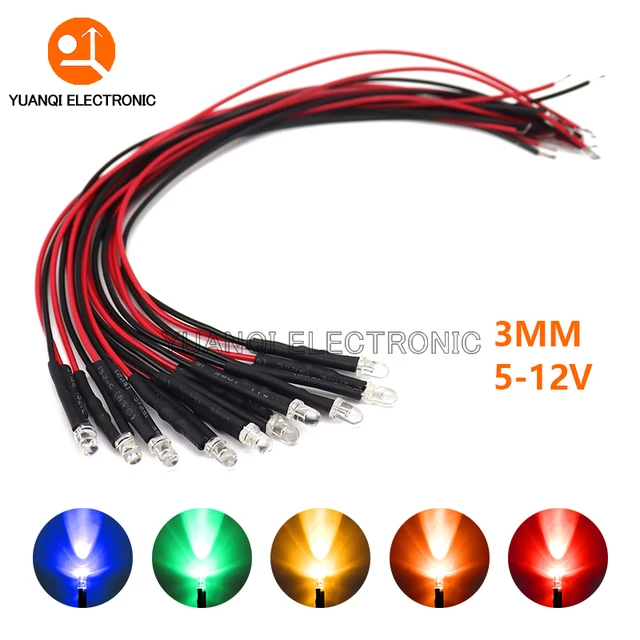 10 SZTUK 3mm LED 5-12V 20cm Wstępnie okablowana Biały Czerwony Zielony Niebieski Żółty UV RGB Dioda Dekoracyjna Lampa Diody elektroluminescencyjne Wstępnie lutowane