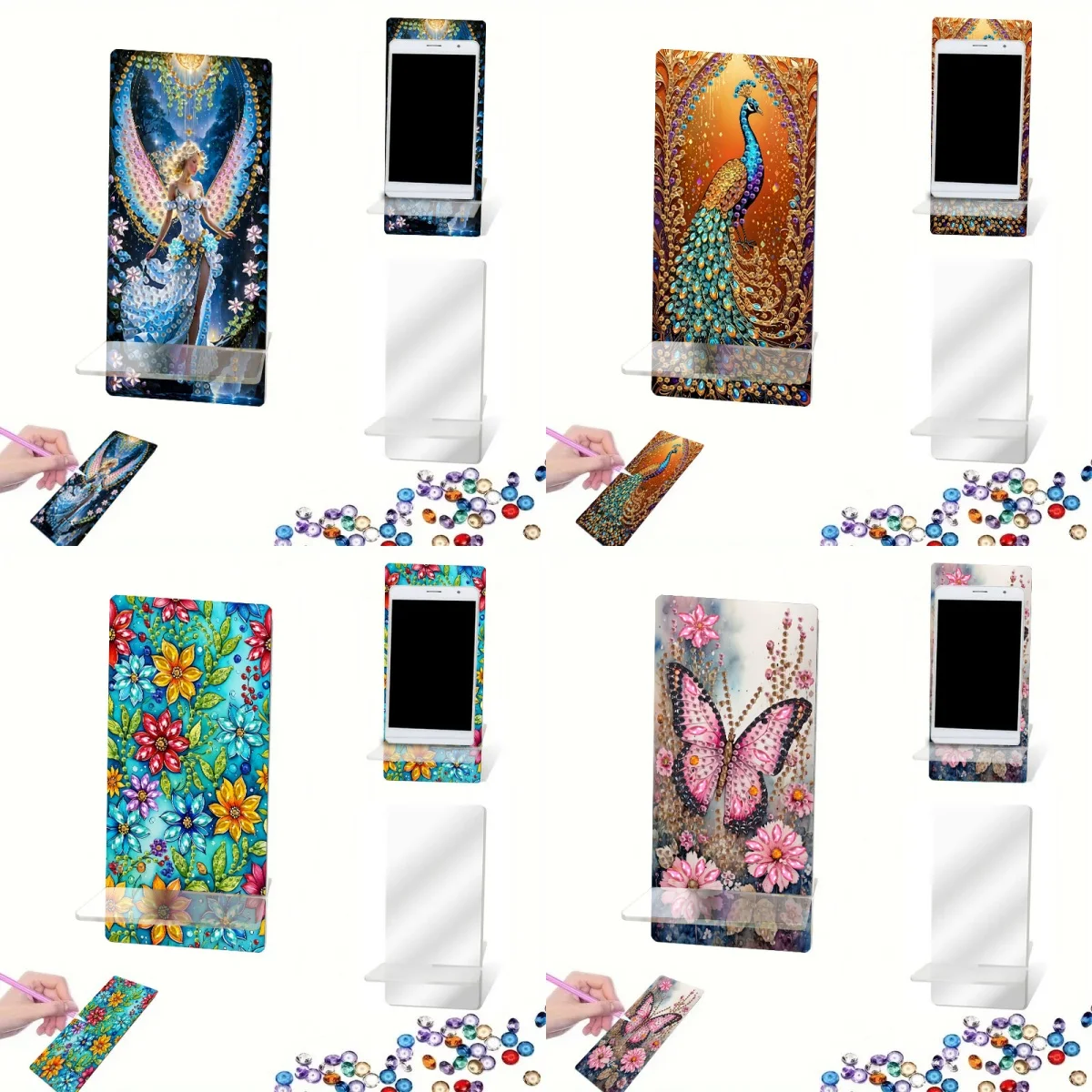 1 Set of DIY Animal/Figure/Flower/Diamond Painting Phone Stand Kit, Diamond Art Phone Stand and Mirror Craft Kit for Beginners