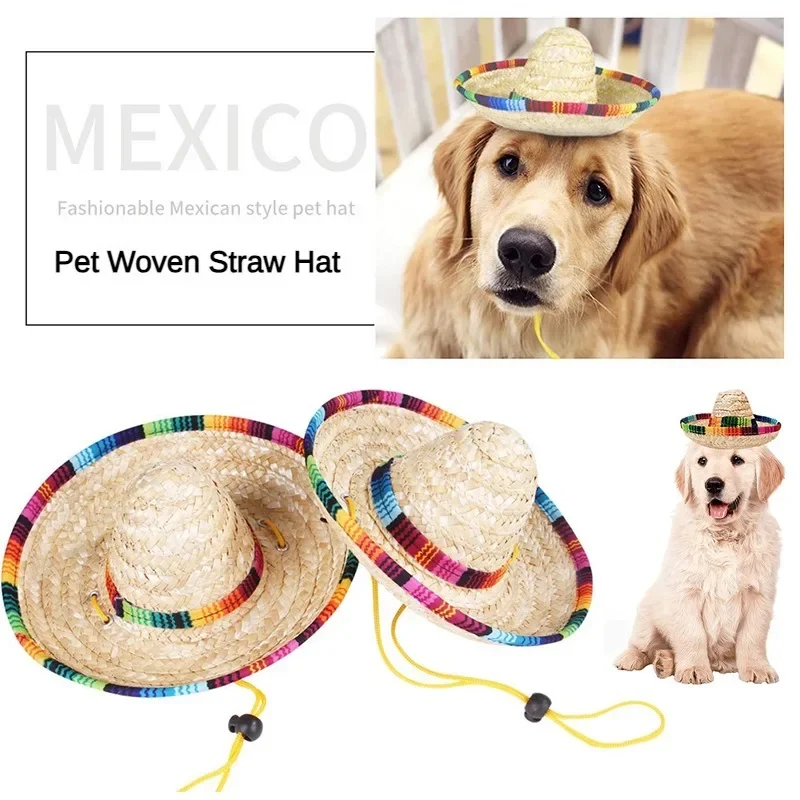 Mini Pet Dog Straw Hat Retro Farmer Cat Sun Hat with Adjustable Buckle Mexican Pet Hat Pet Clothing 15/22cm Dog Accessories