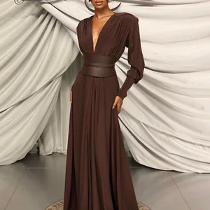 Frauenkleid mit V V, Langarm, Hochzeitsfeierkleid, braunes Kleid, hoher Taillengürtel, Mode, Sie, Frühling, 2022 8 Hauptverkäufe langes braunes Kleid - №6