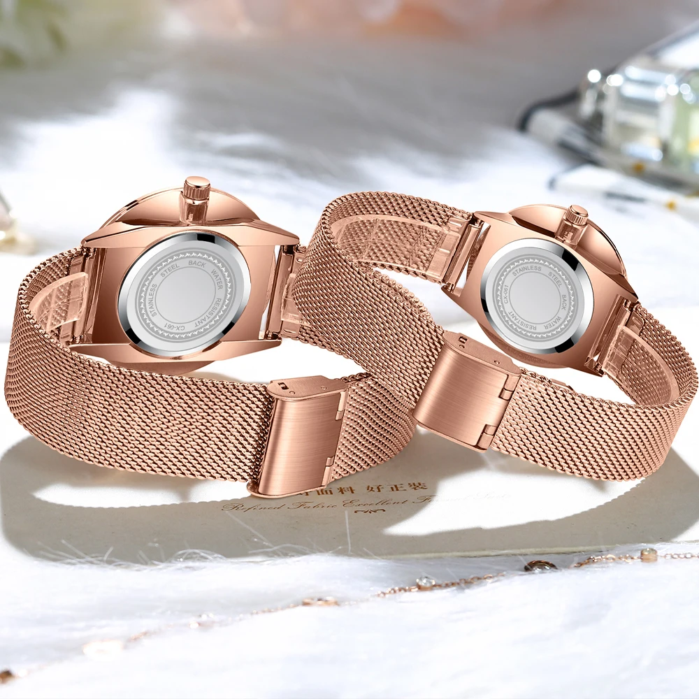 CHENXI الفاخرة للماء الرجال النساء كوارتز ساعة موضة عادية شبكة من الاستانلس استيل حزام زوجين قسط ساعة اليد للهدايا